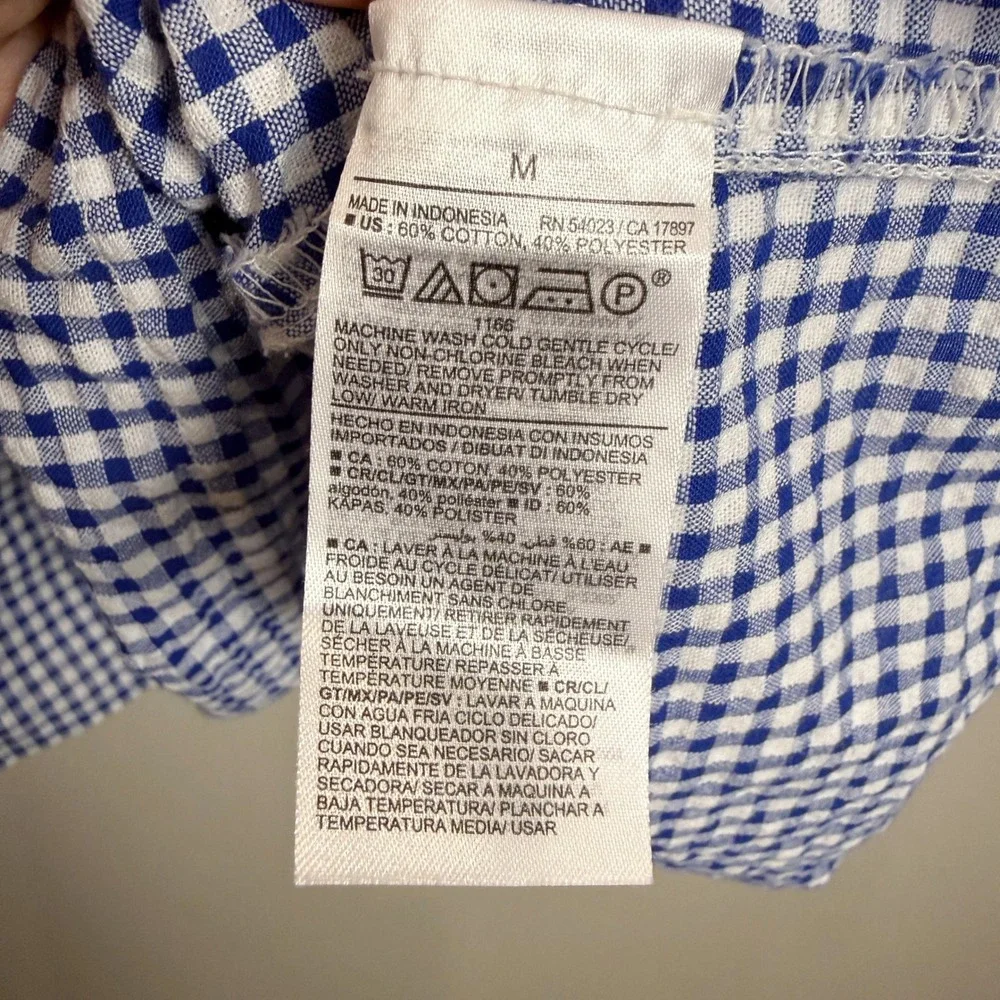 Old Navy M Tiered Blue Gingham Seersucker Long‎ Sleeve Top Puff Sleeve Wide Neck